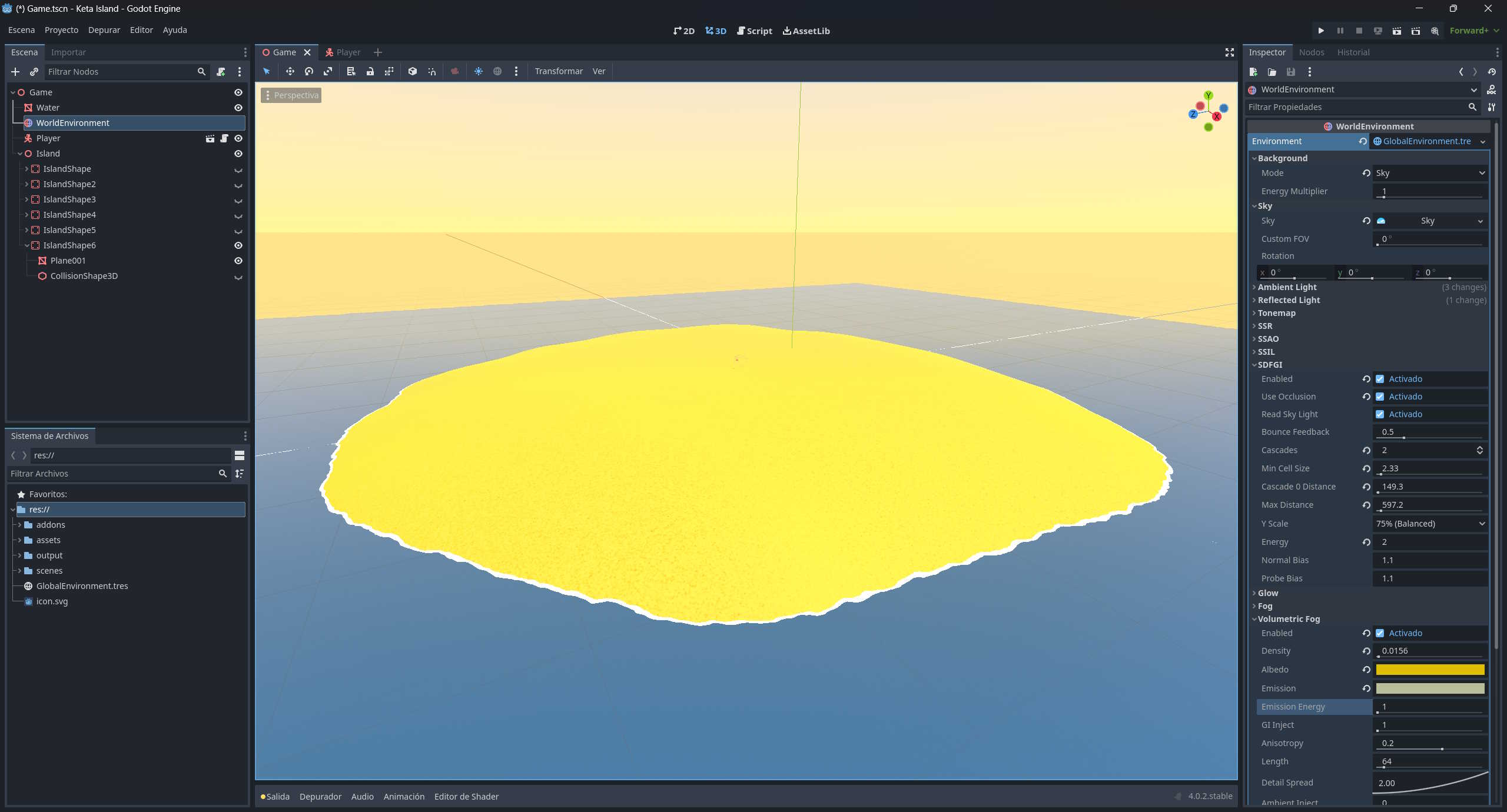 Godot Engine screenshot, showing a sandy yellow 3D island in the sea.